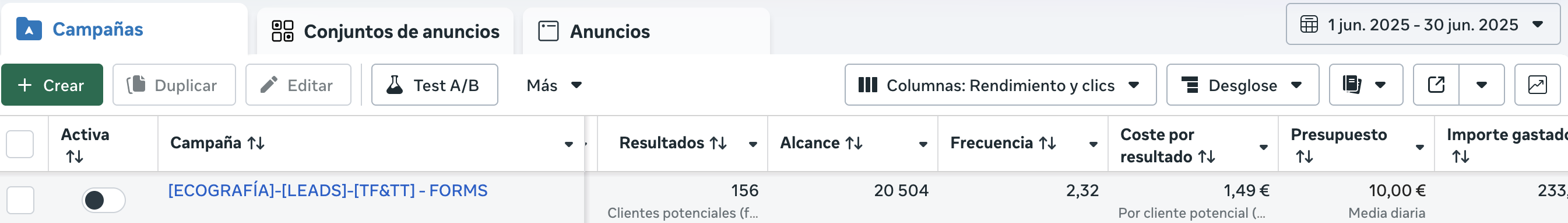 Campaña Ecografía — 156 clientes potenciales, 1,49€ por cliente potencial