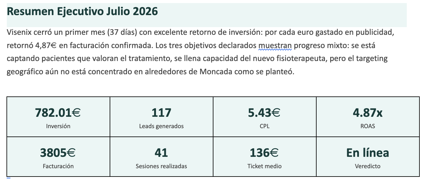 Resumen Ejecutivo Julio 2026 Visenix — 4,87x ROAS, 117 leads, 5,43€ CPL